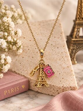 Paris Eiffel Tower Charm Necklace Gold Tone Pink Camera Sunglasses Travel